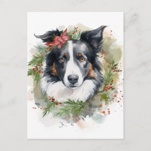 Border Collie Christmas Wreath Festive Pup Postcard