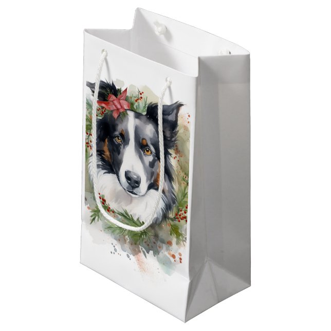 Border Collie Christmas Wreath Festive Pup  Small Gift Bag (Front Angled)