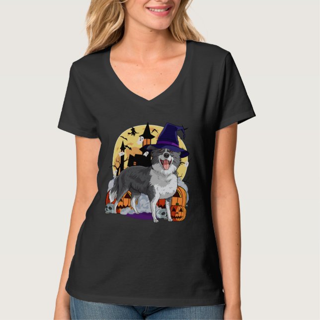 Border Collie Cute Dog Halloween Witch Pumpkin T-Shirt (Front)