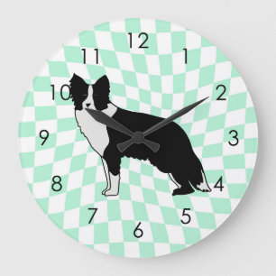 Border Collie Dog Abstract Illustration Checkered Large Clock
