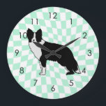 Border Collie Dog Abstract Illustration Chequered Large Clock<br><div class="desc">Perfect abstract dog illustration for dog lovers! Cute border collie dog with whimsical stars design. Border collie dog mum,  border collie dog dad,  this one is for you. Also border collie dog illustration for kids.</div>