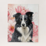 Border Collie Dog and Bold Pink Lilies Jigsaw Puzzle<br><div class="desc">Beautiful puzzle and artwork for the Border Collie dog lover,  featuring a Border Collie sitting against a backdrop of big,  bold pink lilies in a botanical dog lover image.</div>