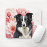Border Collie Dog and Bold Pink Lilies Mouse Pad<br><div class="desc">Great gift idea for dog moms, students, office workers and dog lovers, this great mouse pad features a Border Collie sitting against a backdrop of big, bold pink lilies in a botanical dog lover image.</div>