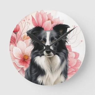 Border Collie Dog and Bold Pink Lilies Round Clock