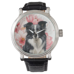 Border Collie Dog and Bold Pink Lilies Watch