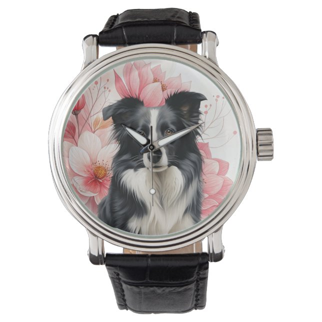Border Collie Dog and Bold Pink Lilies Watch (Front)