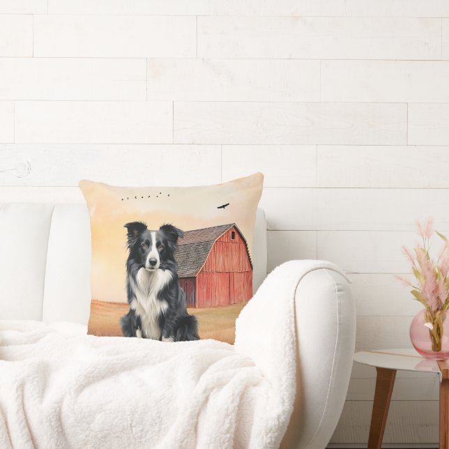 Border Collie Dog and Red Barn Ranch Cushion (Couch)
