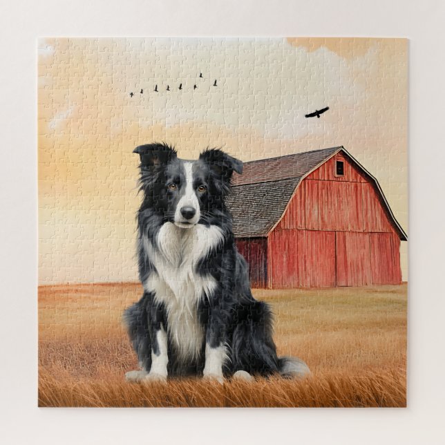 Border Collie Dog and Red Barn Ranch Jigsaw Puzzle (Vertical)