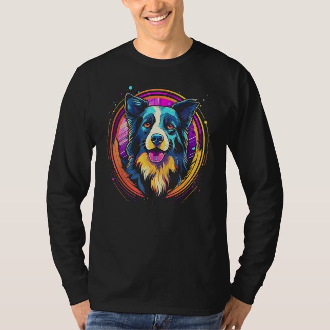 Border Collie Dog Australian Shepherd 80s Retrowav T-Shirt (Front)