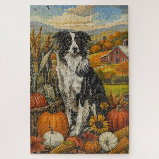 Border Collie Dog Autumn Harvest Thanksgiving Jigsaw Puzzle (Vertical)