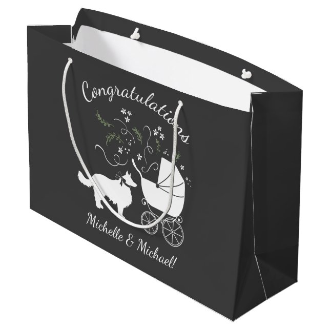 Border Collie Dog Baby Shower Puppy Grey Large Gift Bag (Back Angled)