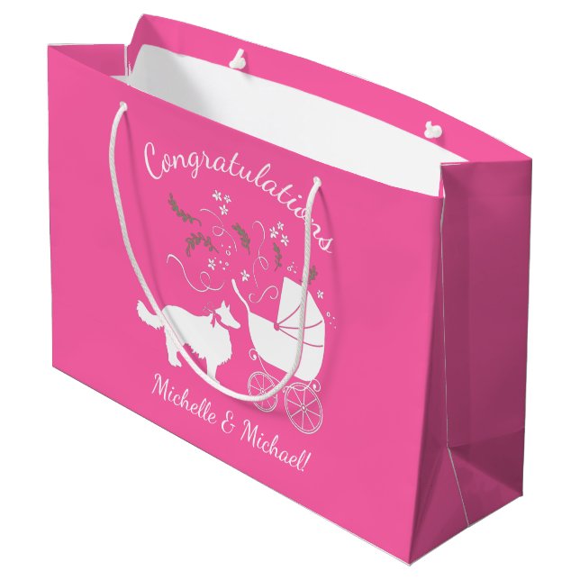 Border Collie Dog Baby Shower Puppy Pink Girl Large Gift Bag (Back Angled)
