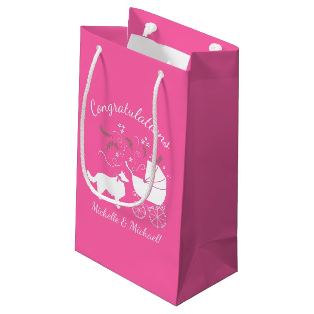 Border Collie Dog Baby Shower Puppy Pink Girl Small Gift Bag (Back Angled)