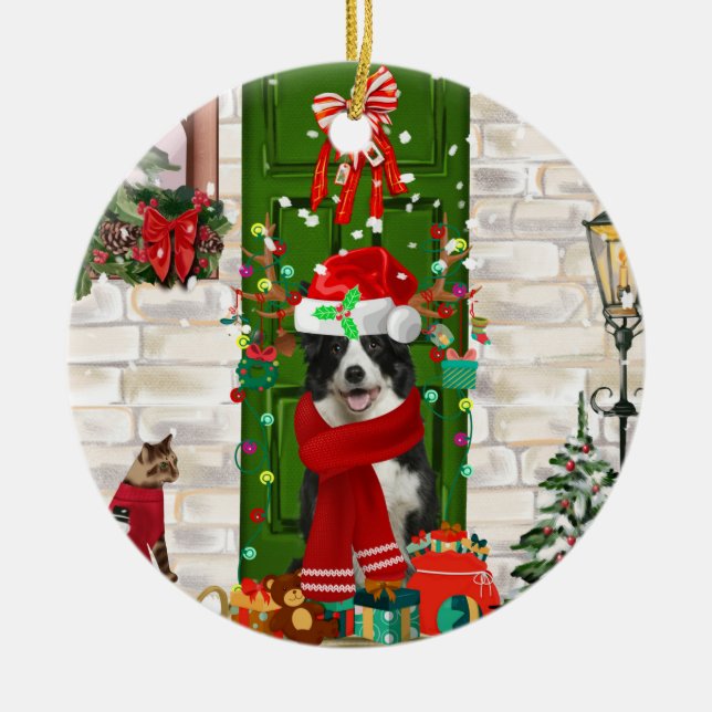Border Collie Dog Christmas   Ceramic Tree Decoration (Front)