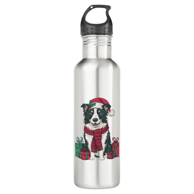 Border Collie Dog Christmas Parties Holiday Santa  710 Ml Water Bottle (Front)