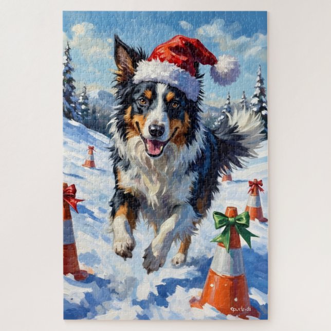 Border Collie Dog Christmas Snow Agility Fun Jigsaw Puzzle (Vertical)