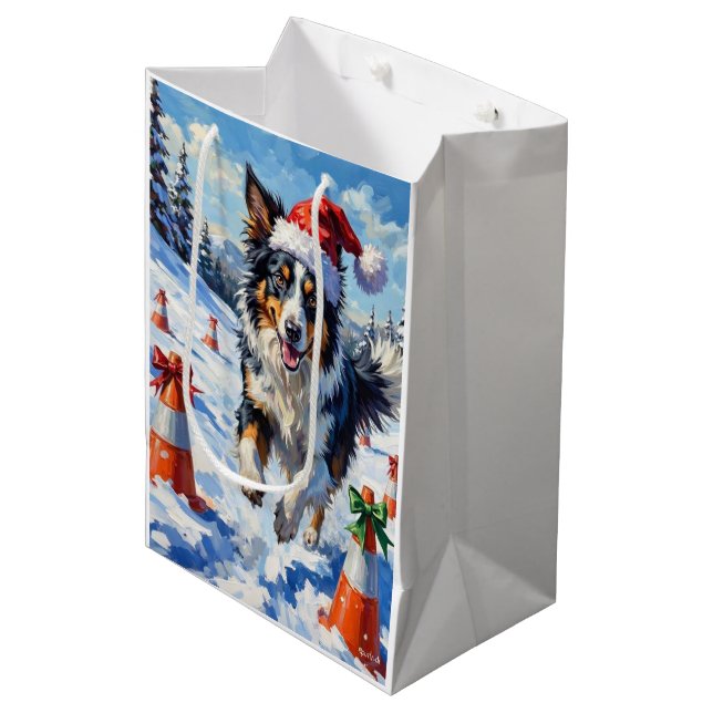Border Collie Dog Christmas Snow Agility Fun Medium Gift Bag (Front Angled)