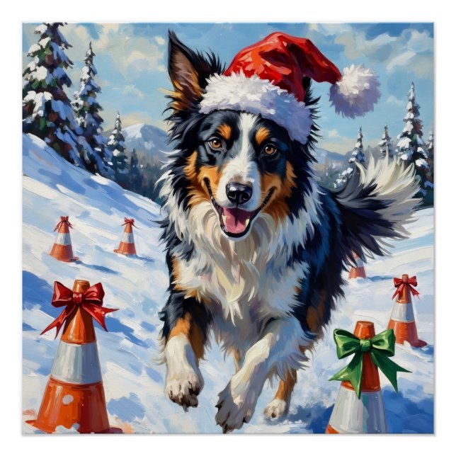 Border Collie Dog Christmas Snow Agility Fun Poster (Front)