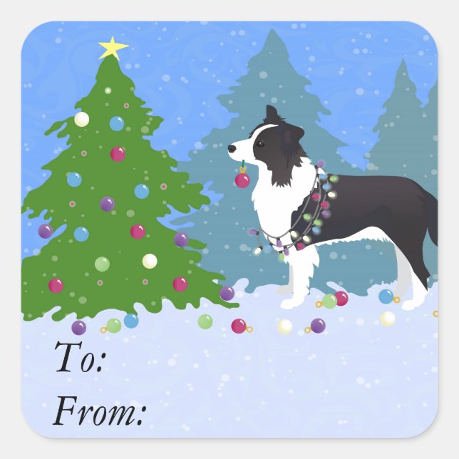 Border Collie Dog Decorating Christmas Tree Square Sticker (Front)