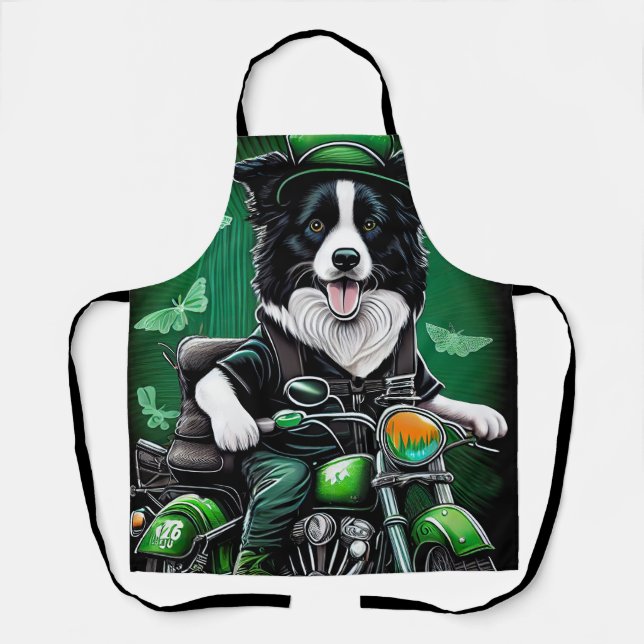 Border Collie Dog Driving Bike St. Patrick's Day Apron (Front)