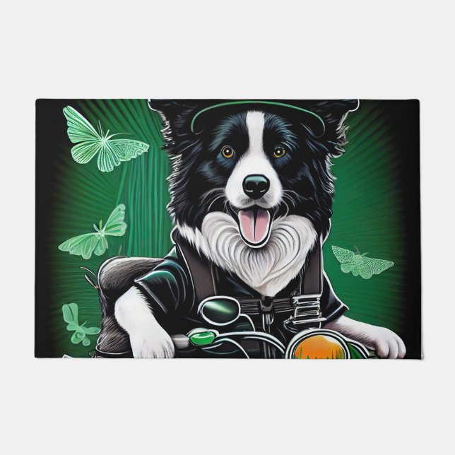 Border Collie Dog Driving Bike St. Patrick's Day Doormat (Front)