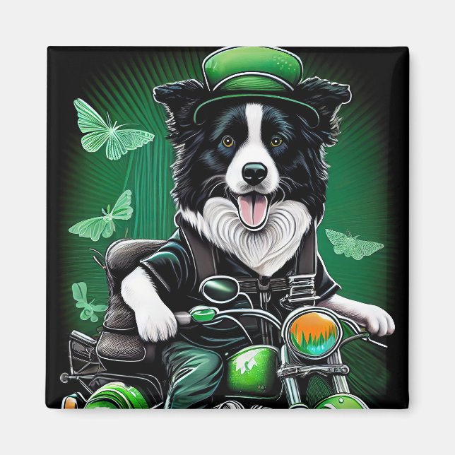 Border Collie Dog Driving Bike St. Patrick's Day Magnet (Front)