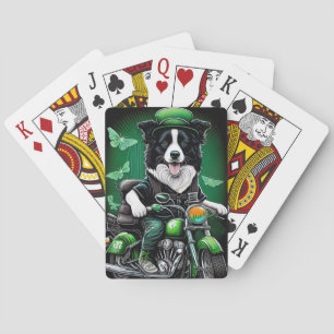 Border Collie Dog Driving Bike St. Patrick's Day Playing Cards