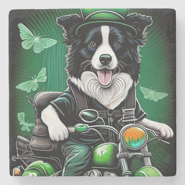 Border Collie Dog Driving Bike St. Patrick's Day Stone Coaster (Front)
