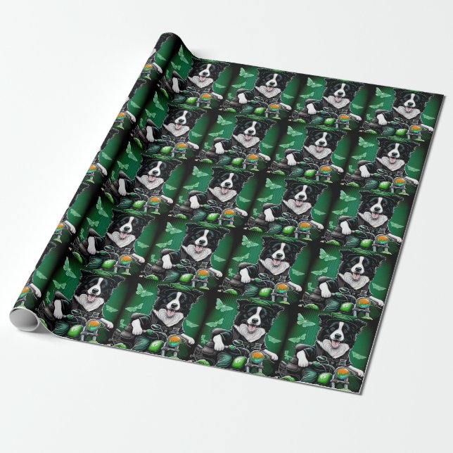 Border Collie Dog Driving Bike St. Patrick's Day Wrapping Paper (Unrolled)