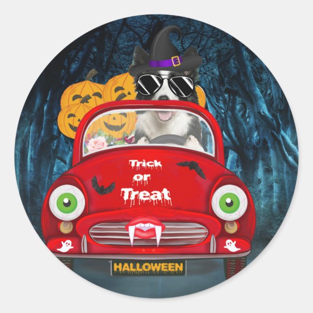 Border Collie Dog Driving Car Scary Halloween Classic Round Sticker (Front)