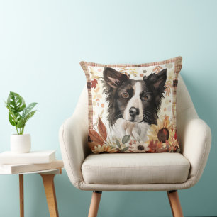 Border Collie Dog Fall Watercolor Flowers Cushion
