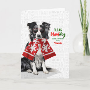 Border Collie Dog Funny Fleas Navidog with Name Holiday Card