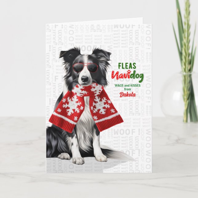 Border Collie Dog Funny Fleas Navidog with Name Holiday Card (Front)