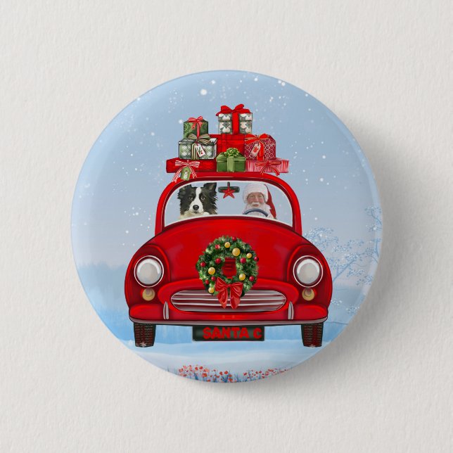 Border Collie Dog In Car With Santa Claus  6 Cm Round Badge (Front)