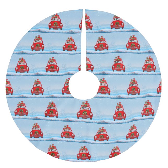 Border Collie Dog In Car With Santa Claus  Brushed Polyester Tree Skirt (Front)