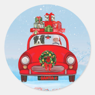 Border Collie Dog In Car With Santa Claus  Classic Round Sticker