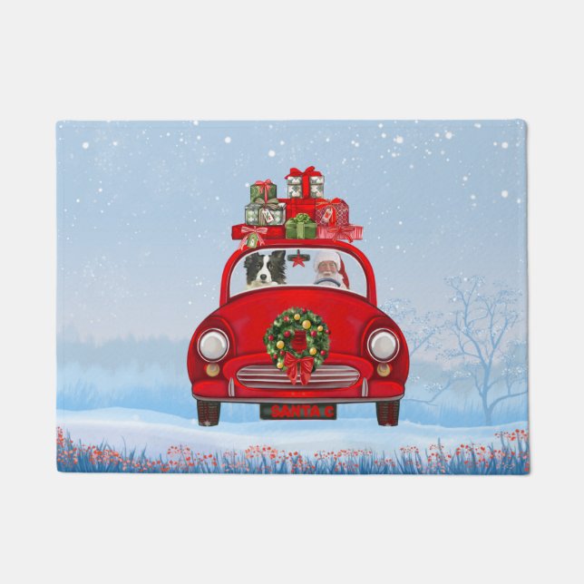 Border Collie Dog In Car With Santa Claus Doormat (Front)