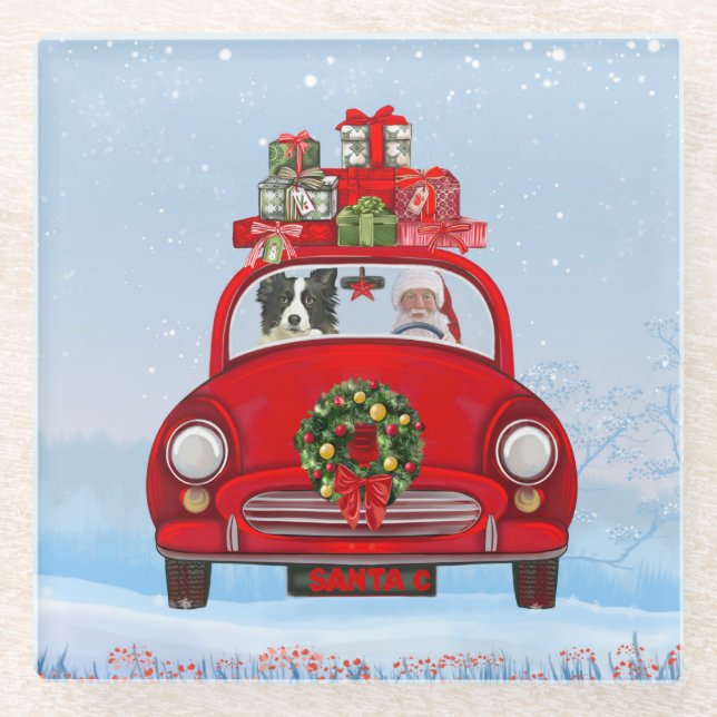 Border Collie Dog In Car With Santa Claus Glass Coaster (Front)