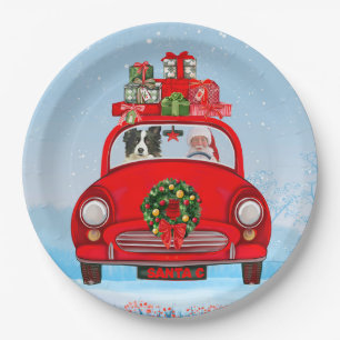 Border Collie Dog In Car With Santa Claus   Paper Plate