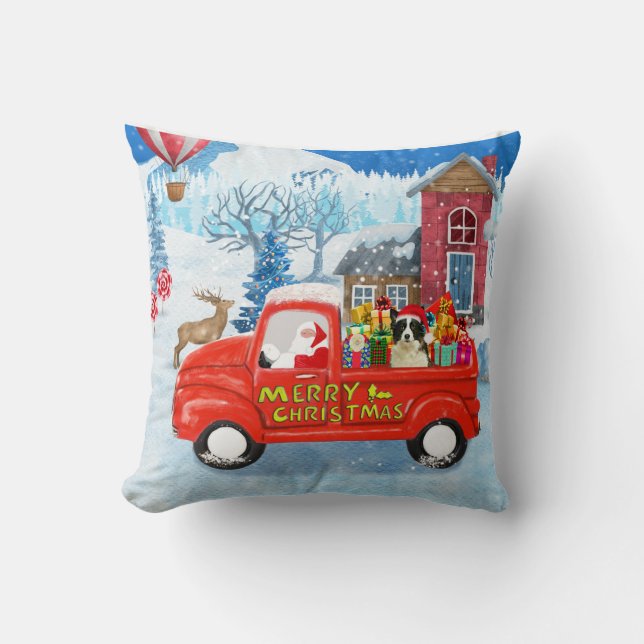 Border Collie Dog in Christmas Delivery Truck Snow Cushion (Front)