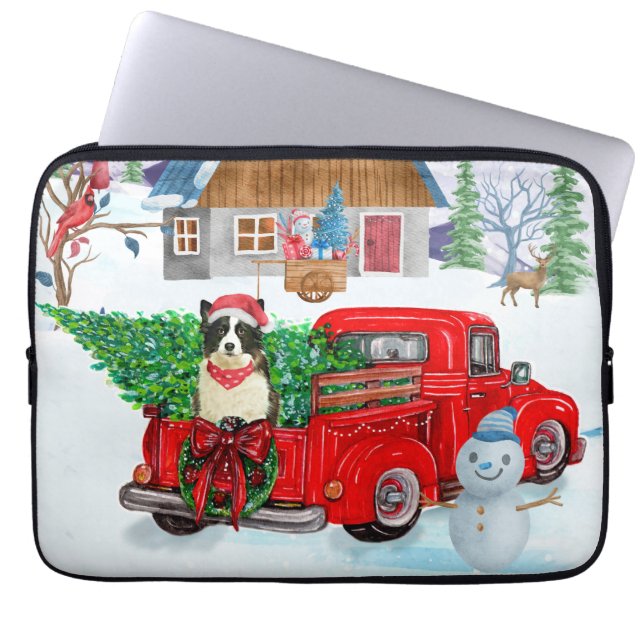 Border Collie dog In Christmas Delivery Truck Snow Laptop Sleeve (Front)