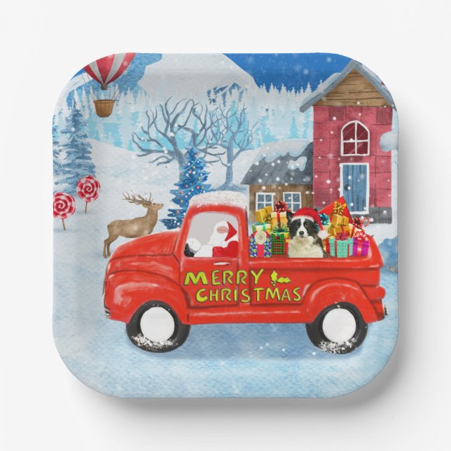 Border Collie Dog in Christmas Delivery Truck Snow Paper Plate (Front)