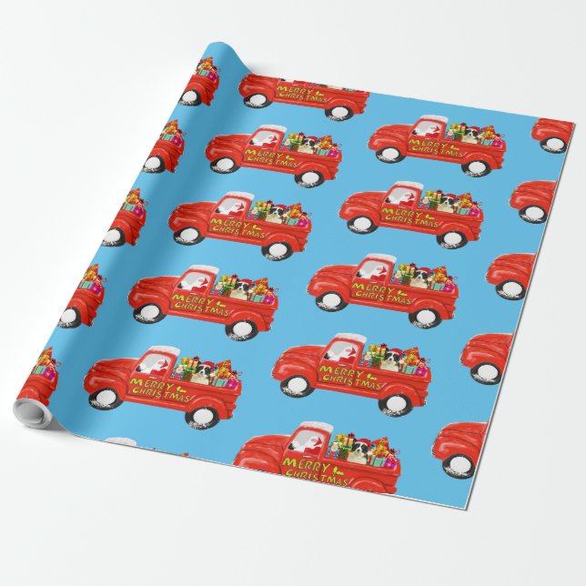 Border Collie Dog in Christmas Delivery Truck Wrapping Paper (Unrolled)