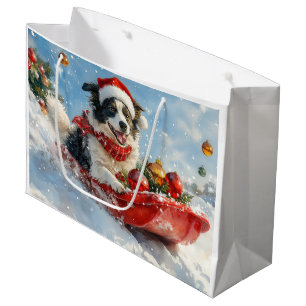 Border Collie Dog in Sledge Let it Snow Christmas  Large Gift Bag