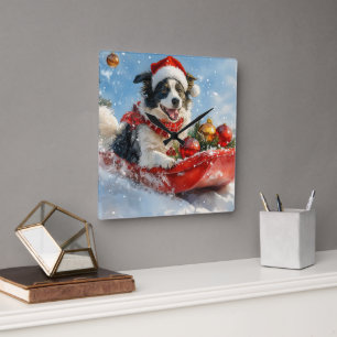 Border Collie Dog in Sledge Let it Snow Christmas  Square Wall Clock