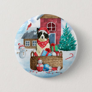 Border Collie Dog In snow Christmas Dog House 6 Cm Round Badge
