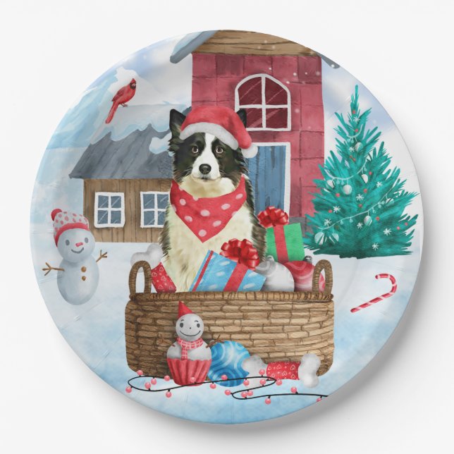 Border Collie Dog In snow Christmas Dog House Paper Plate (Front)