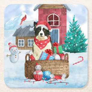 Border Collie Dog In snow Christmas Dog House Square Paper Coaster