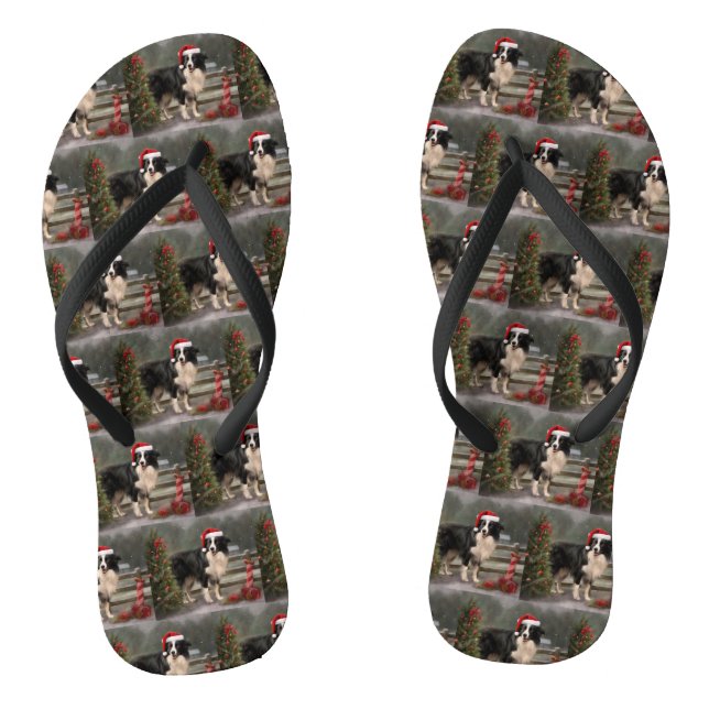 Border Collie Dog in Snow Christmas Jandals (Footbed)