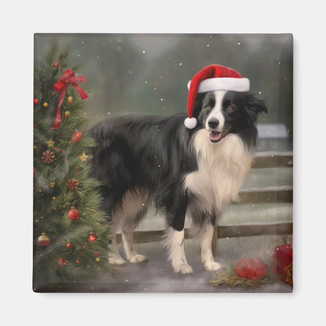 Border Collie Dog in Snow Christmas Magnet (Front)